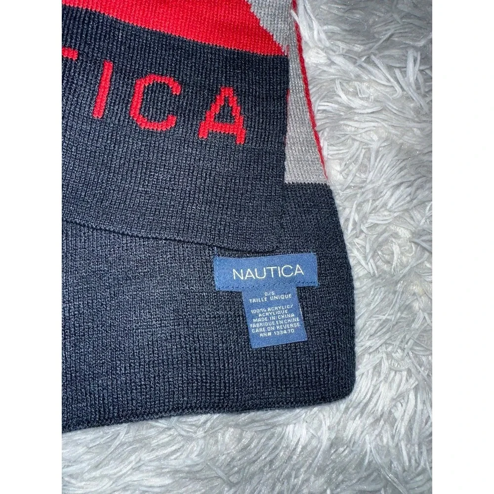 Nautica Knit Scarf Navy Blue Red Grey Colorblock Logo Winter Accessory